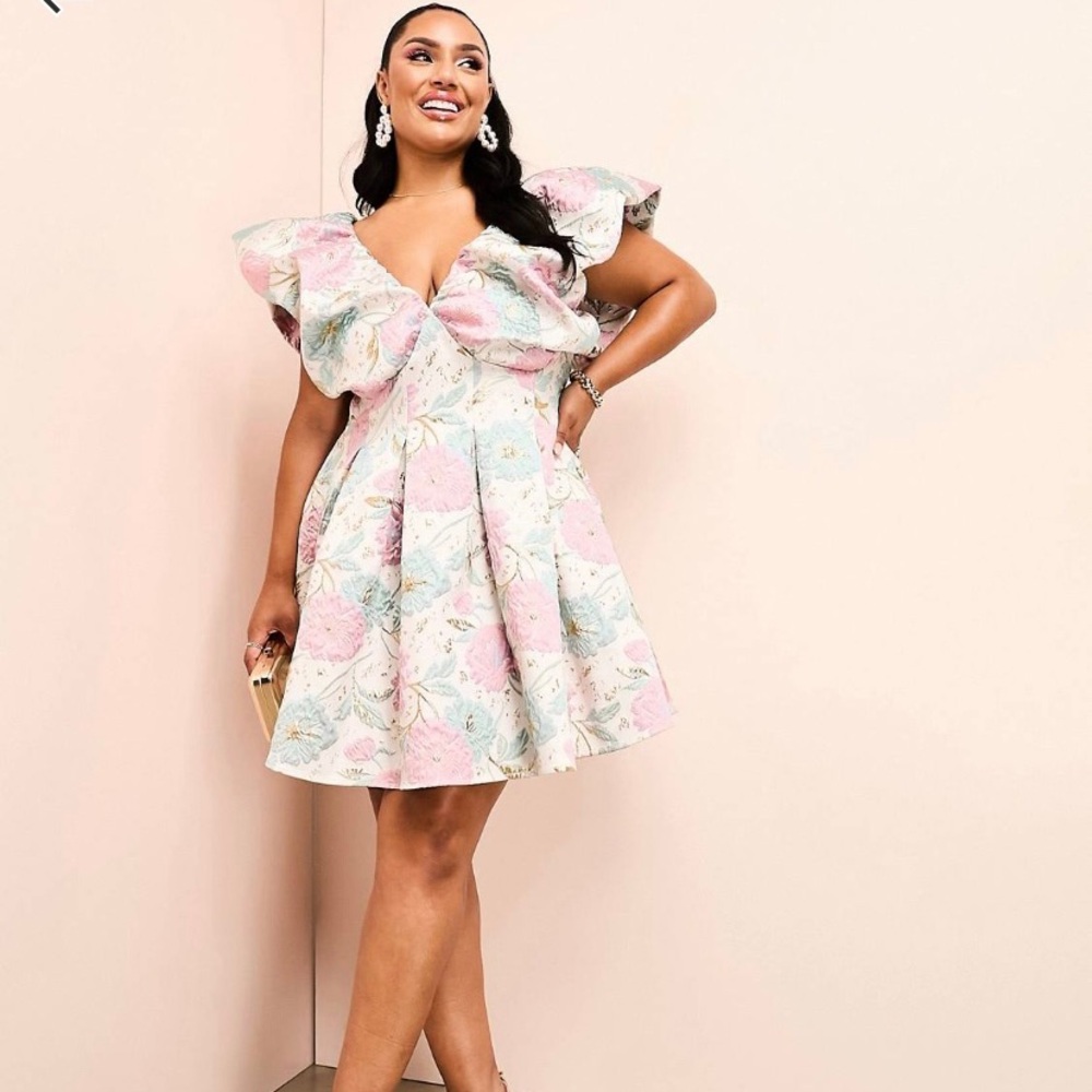 ASOS LUXE CURVE - floral jacquard bubble plunge dress NEW SIZE 22 (pink/green)